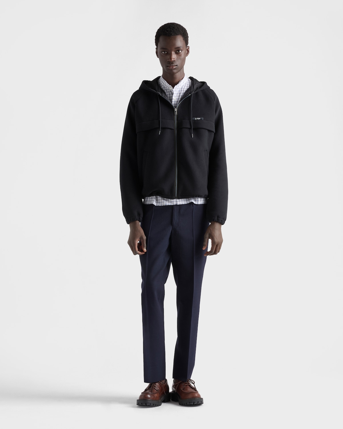 Hooded technical fabric blouson jacket