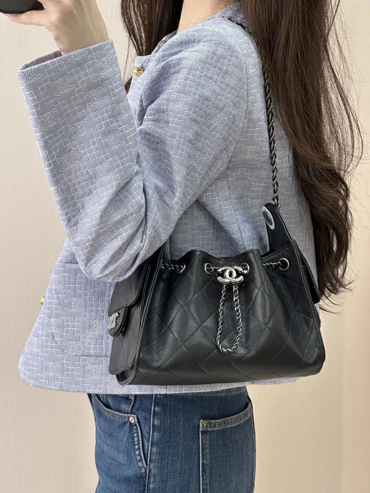 샤 ƆC 넬 25 미니백 스웨이드 메탈릭 카프스킨  AS5631 22-20-12.5cm