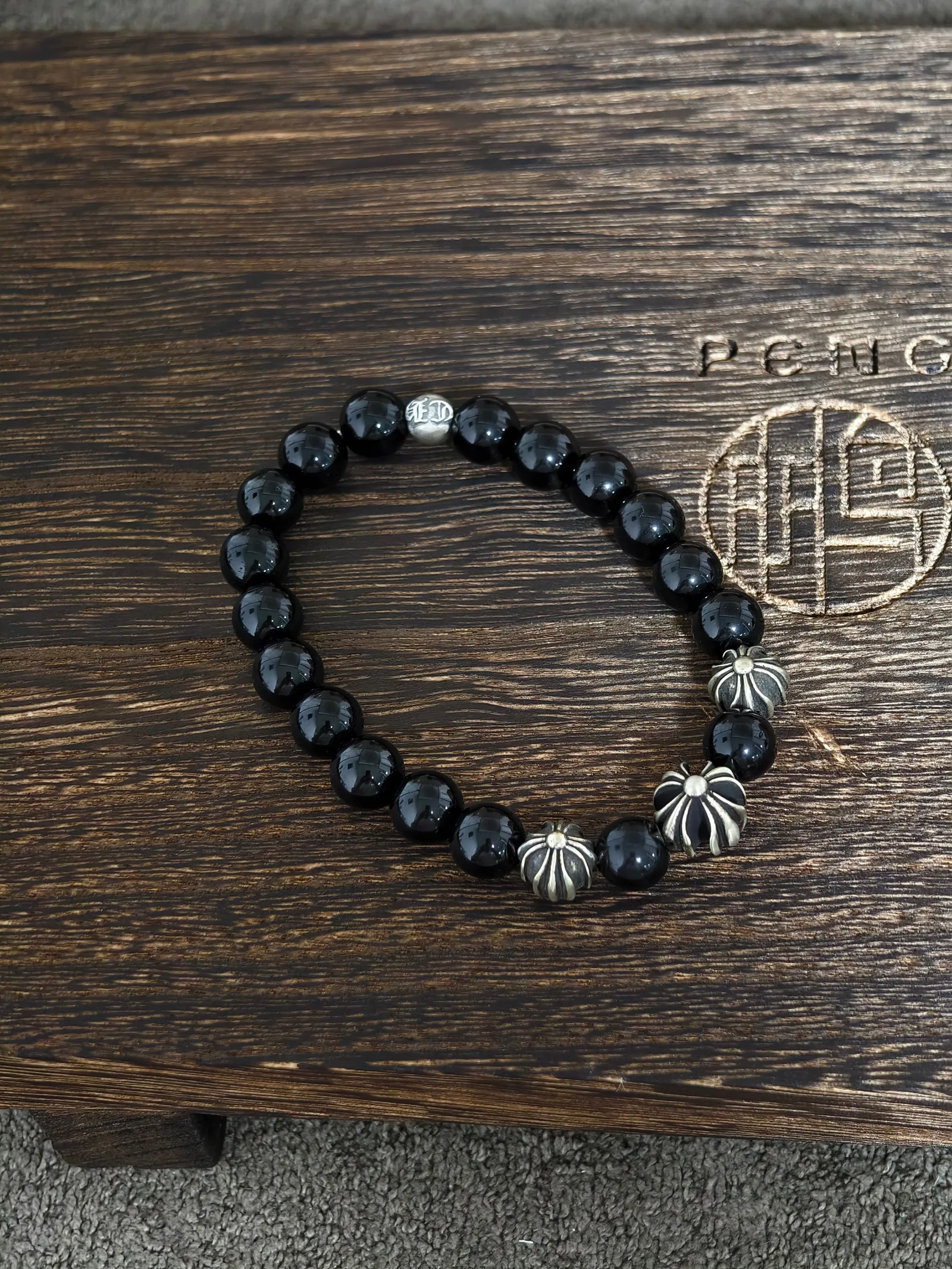 Chrome Hearts 925 실버 블랙 흑요석  팔찌｜8mm